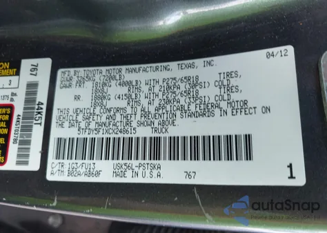 2012 Toyota Tundra Grade 5.7L V8 из США, поврежденный, VIN 5TFDY5F1XCX248615